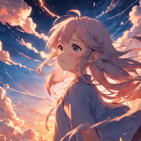 masterpiece, best quality, movie still, 1girl, cloud girl, floating in the sky, close-up, bright, happy, warm soft lighting, sunset, (sparks:0.7)