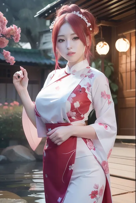 Sakura uchiha. A woman was in the yard at night. She was seen wearing a white cheongsam with red flowers on it. With a cleavage on the left. She had beautiful pink hair. His skin was so pale white. Her cheeks were rosy red and her tiny red lips tantalizing...