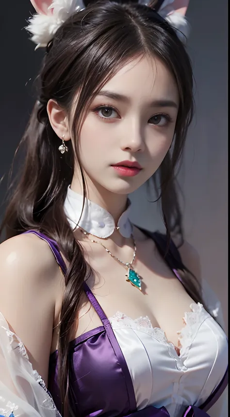 1 beautiful girl in Han costume, thin purple silk shirt with white color with many textures, white lace top, long platinum purple ponytail, Hair Jewelry, ear jewelry, light purple rabbit ears, necklace and necklace, meticulously drawn large purple eyes, me...