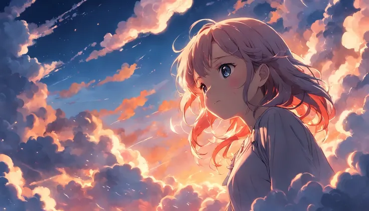 masterpiece, best quality, movie still, 1girl, cloud girl, floating in the sky, close-up, bright, happy, warm soft lighting, sunset, (sparks:0.7)