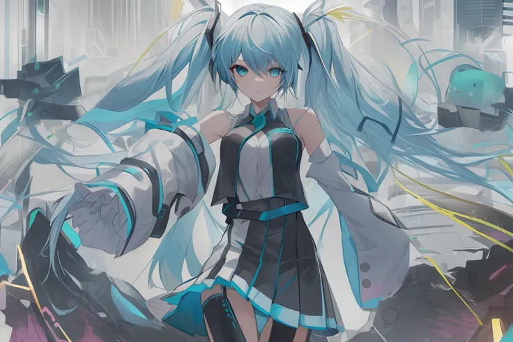 Lets start with a base illustration of a young female character. Adjust hair color to Hatsune Mikus iconic turquoise blue. Styling very long hair, Reach below the waist, With twin tails. Twin tails are evenly balanced、Make sure the top is properly wrapped....