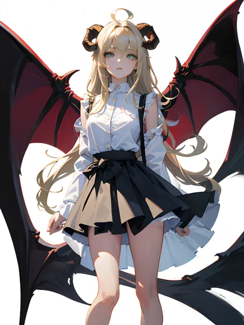 ((masterpiece, best quality)), (1girl), (solo), (female focus), (ahoge, ash blonde hair, long hair), green eyes, ((white shirt), (buttoned shirt)), ((black skirt), (short skirt)), standing, white background, arms behind back, bat wings on the waist, sheep ...