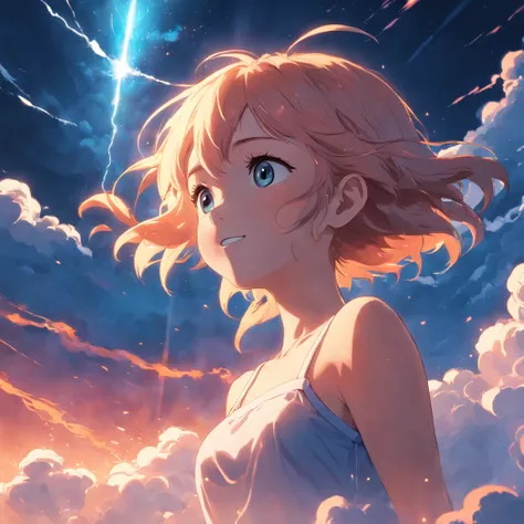 masterpiece, best quality, movie still, 1girl, cloud girl, floating in the sky, close-up, bright, happy, warm soft lighting, sunset, (sparks:0.7)