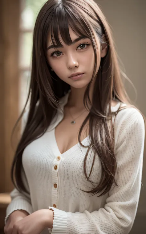 (top-quality, ​masterpiece:1.2), 18 year old beautiful girl, Very cute, Blouse, F 1.8, Soft light, Raw Photos Real, The skin texture is very detailed, without makeup, mournful, mournful, Medium Hair,  Bangs, Smile, depth of fields, hight resolution, Ultra-...