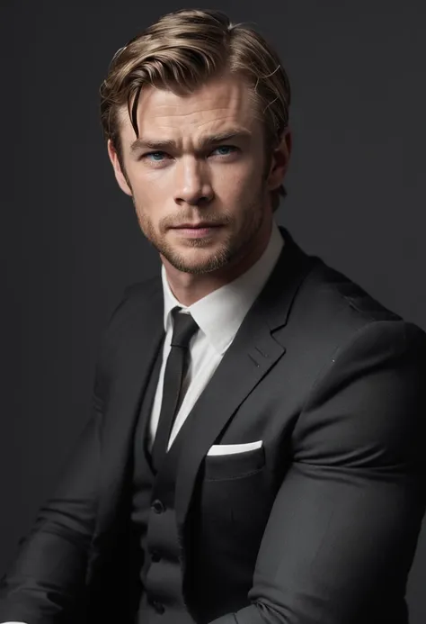 Businessman man like white Chris Hemsworth in black suit。Sitting on a chair