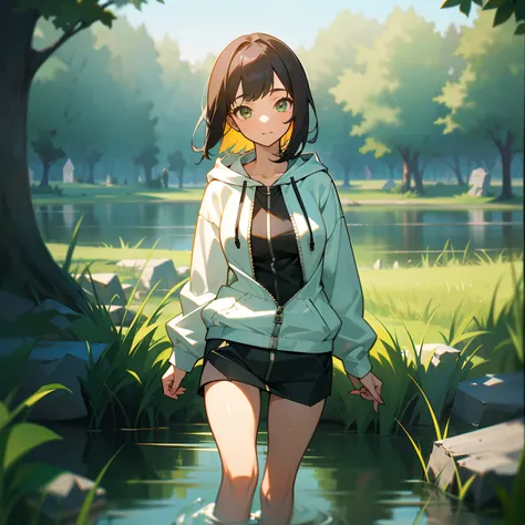 mksks style, (very detailed background:1.0), (highly detailed background:1.0), 1girl, full_body, looking_at_viewer, hoodie, partially_unzipped, masterpiece, best quality, (1girl, solo, girl:1.2), lake, grass, walking on water, jumping, stone ruins, chromat...