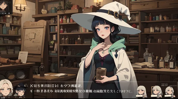 anime girl in a witch costume standing in a room with a window,Young adult female, black robe. witch hat. dark blue hair, short bangs, anime screencap, 2d， black - haired mage, witch girl, flirty anime witch casting magic,(she is in the potions workshop:1....