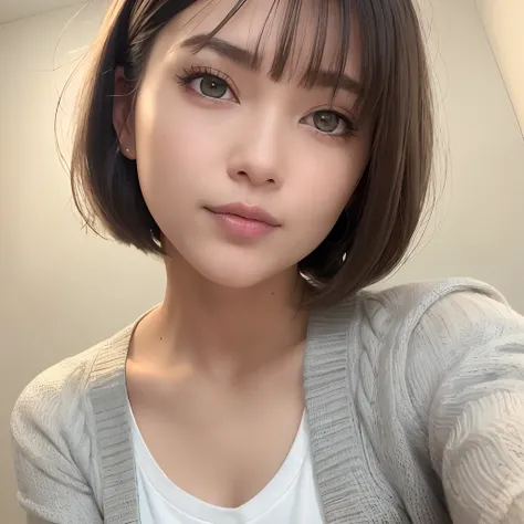 Product quality, 1 girl per 1 photo, The angle at which you look up at the subject, Cowboy Shot, Side view, a Japanese young pretty girl, Short bob hair,Spread hairstyle wearing a red collar,Wearing a light gray long-sleeved cardigan, Wear light brown pant...