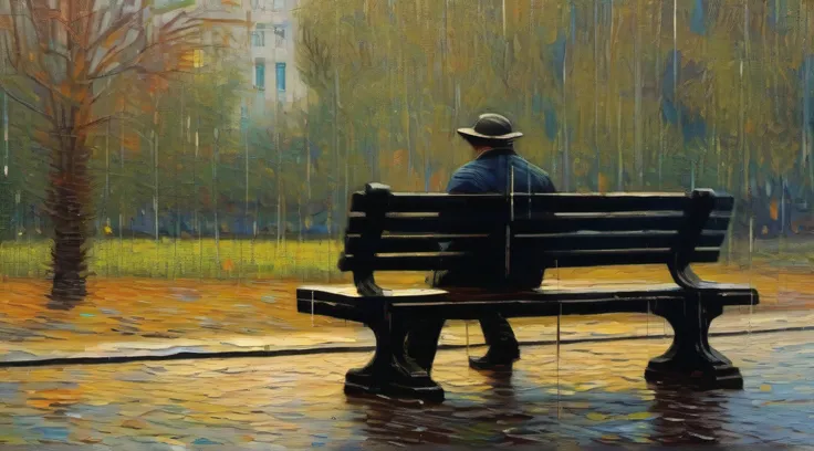 Solitude Under the Rain à La Van Gogh, A rainy day paints the scenery of an empty park. A lonely man rests on a bench, gotas de chuva adornando seu cabelo e roupas. There is no soul in sight, besides it and an old pole near the bank. The lamp of the pole s...