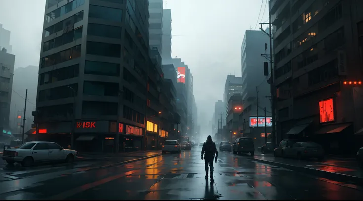 A post apocalyptic cyberpunk city where it is raining. Dark mood. Cinematic. 8k.