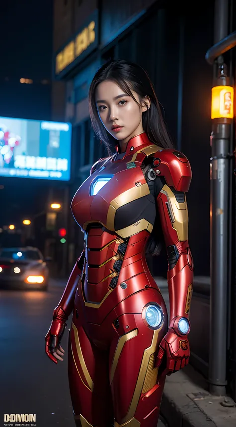 8K，realisticlying，Glamorous，The is very detailed，A 20-year-old girl,(((huge tit))), a sexy and charming woman,(((huge tit))), inspired by Iron Man，(((huge tit))),Wearing a shiny Iron Man mech。She dresses to show sexiness and confidence，It perfectly interpr...