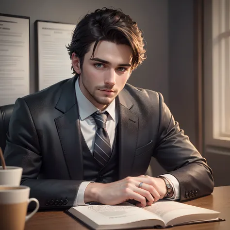 Portrait of a 30 year old man in suit and tie sitting on a black leather chair, Office, body and head straight in the photo and facing the viewer of the photo, Office, eyes staring at the lens, appear shoulders and head in the photo, man centered in the ph...