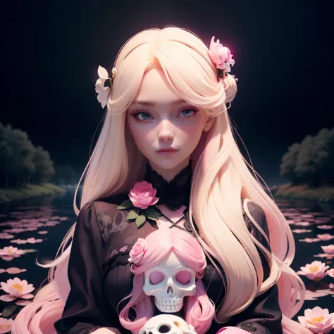 A blonde hair lady, a white lady, holding a flowery skull, with long pink hair, on the river banks, pretty face, black and pink theme, night vision