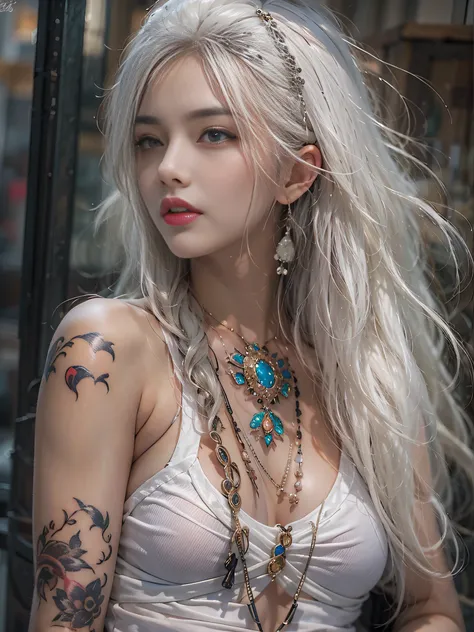 Photorealistic, high resolution, 1womanl, Solo, Hips up, view the viewer, (Detailed face), White hair, Long hair, Street attire, jewelry, Belly tattoo