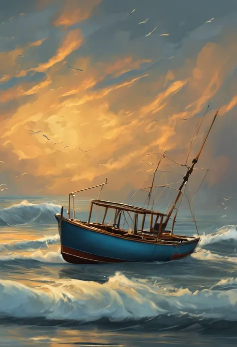 masterpiece:1.5, oil painting;1.5, huge blue whale jump, one small fishing boat, ocean, sunset, reflections in water, sails, blue, yellow, orange, gold frame, gold and grey sky with cloud.