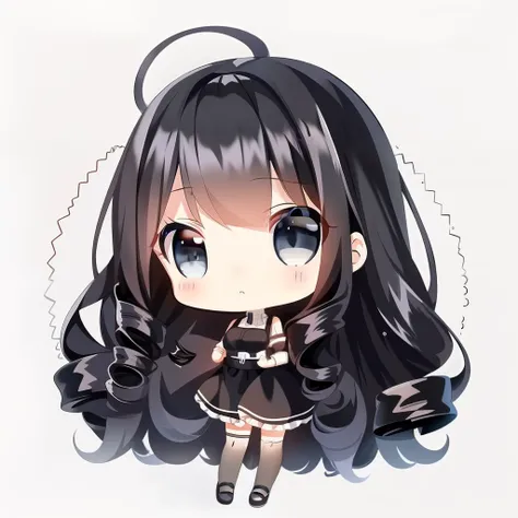 Masterpiece, Detailed, Soft lighting, Girl with long curly black hair, （Wool curls）（The expression is cold）Gray-blue eyes Chibi, White background, Simple background