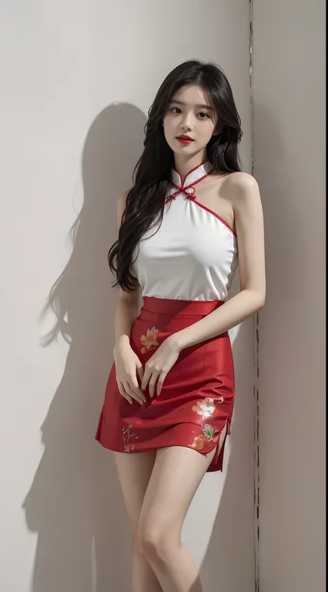 deep in the night，A perfect young female white-collar worker，Chinese big breasts，High picture quality，Works of masters，Black hair，Long hair shawl，Long hair flowing over the shoulders，Beach wave hairstyle，cropped shoulders，鎖骨，exquisite face，Hydrated red lip...