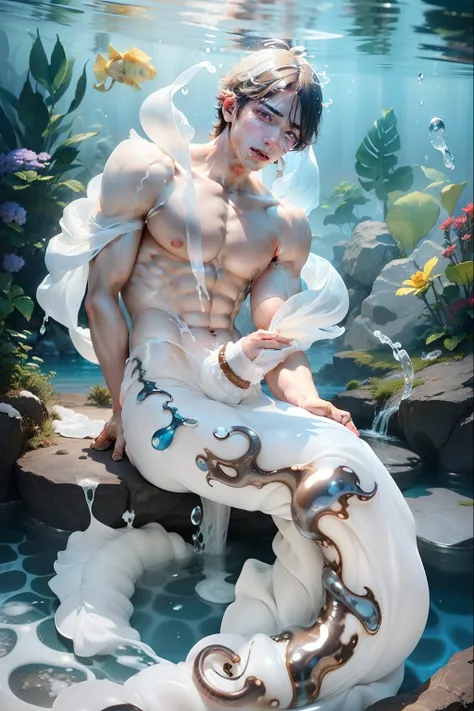 Two Boy , handsome, sixpack, charming, cute, white skin,Wearing clothes made of water and sperm, water and sperm magic, water and cum coming out of the male genitals, using water instead of cloth, realistic ultra detailed, perfect face, perfect eyes, prett...