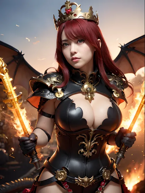 (masutepiece), Professional , ​masterpiece、top-quality、photos realistic , depth of fields 、（Dragon Black Metal Body:1.９),(Matte Black、（cleavage of the breast）、Dragon Gold Weapon（Dragon Metal Body:1.４),Gorgeous gold weapons ,（（ Dragons dense and gorgeous sw...