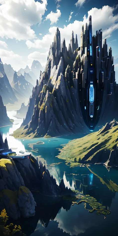 Masterpiece,a futuristic, cybernetic organic world, best quality, high quality, extremely detailed CG unity 8k wallpaper, futuristic landscape, outdoor, sky, cloud, sky, no humans, mountain, landscape, water, tree, blue sky, waterfall, cliff, nature, lake,...