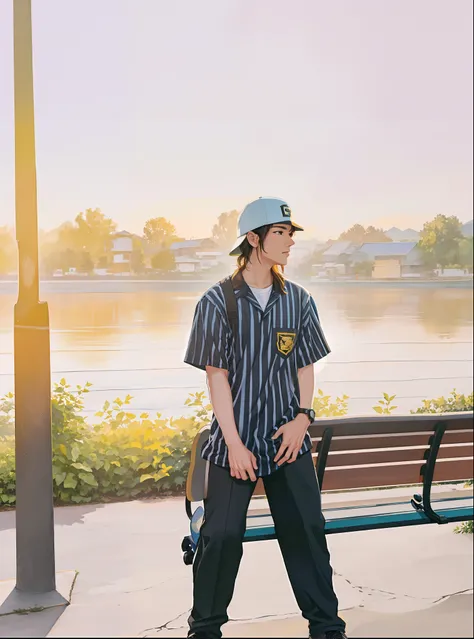 there is a man standing on a bench with a skateboard, with sunset, thawan duchanee, ((oversaturated)), taken at golden hour, during golden hour, shot at golden hour, very very low quality picture, in style of thawan duchanee, profile picture 1024px, photo ...