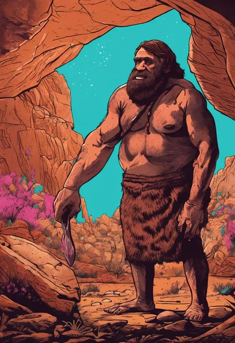 master part, Homem de Neandertal comendo carne, best quality, Hominid feeding, Destaque para as roupas de couro, Pouca luz.