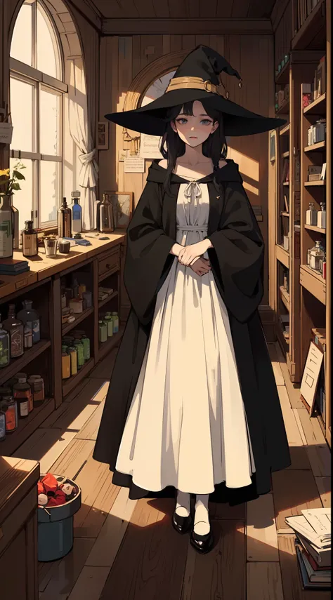 Anime girl standing in a room with window in witch costume,Young adult females, Black robe. Witch hat. Dark blue hair, short length bangs,2D， black-haired mage, The Witch, flirty anime witch casting magic,(she is in the potions workshop:1.35),Secret doctor...