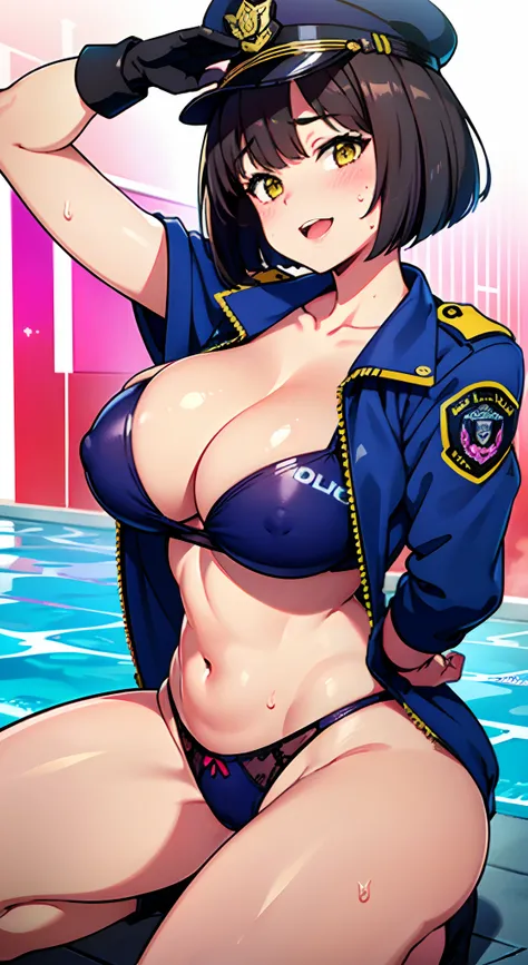 (Perfect body),Best Quality,(8K Portrait),(Official art)、((Police Woman)),(((Wink))),blush,Sweat,((large udder))、(puffies_)、(Dark hair),((bob cuts))、Yellow eyes,(thick thighs)、Adult Woman、Cowboy Shot、(Kneeling)、(A smile)、(Right-handed salute)、Wavy mouth、in...