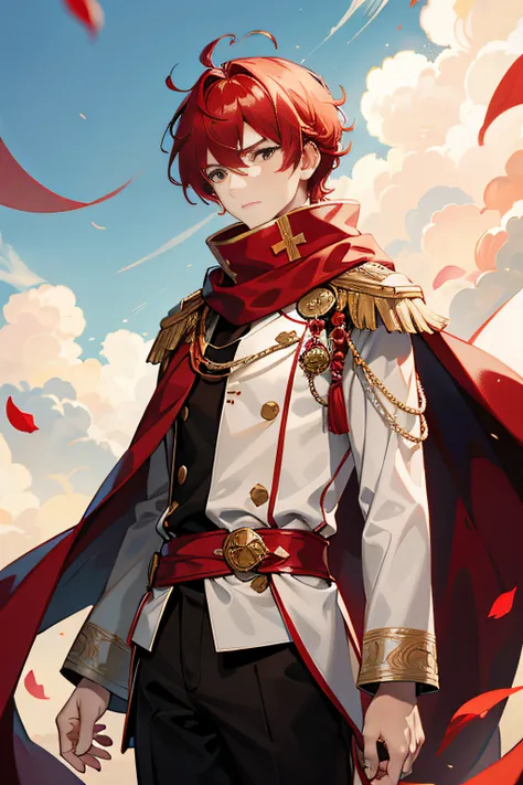 Red-haired man，ventania，((Wide scarf))，White uniform，With buttons and drawstrings，Handsome boy image，Set up charts vividly，flames burning around，The expression is serious，best qualityer，Heavenly Fire Saint Tailor，Half-shoulder cape