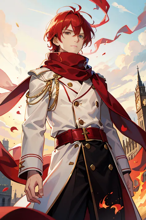 Red-haired man，ventania，(((Wide scarf)))，White uniform，With buttons and drawstrings，Handsome boy image，Set up charts vividly，flames burning around，The expression is serious，best qualityer，Heavenly Fire Saint Tailor，Half-shoulder cape