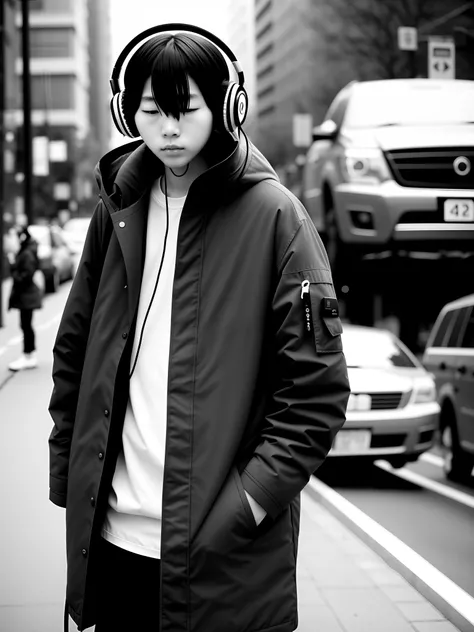 Street、parka、headphones、monochromes