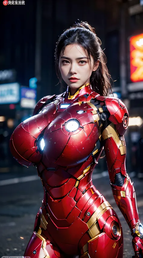 8K，realisticlying，Glamorous，The is very detailed，A 20-year-old girl,(((huge tit))),(((ridiculously huge breasts))),a sexy and charming woman,(((huge tit))), (((ridiculously huge breasts))),inspired by Iron Man，(((huge tit))),(((ridiculously huge breasts)))...