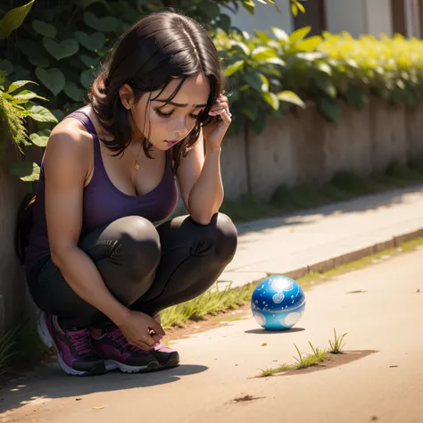 Woman looking at the ground with slumped shoulders. ambiente nublado, com cores mais escuras e tons apagados.