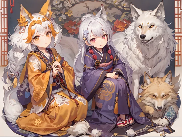 A cute pair of anime-style spirits, one with white hair (a boy) and the other with orange hair (a girl), sitting on tatami mats. They wear outfits that combine elements of traditional Chinese and Japanese clothing. They are believers in wolf-related spirit...