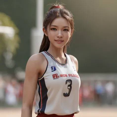 masterpiece, best quality, official art, extremely detailed CG unity 8k wallpaper, ultra high res, ultra detailed, realistic, (photorealistic:1.4), 1girl, solo, (full body:1.2), young, slim, basketball uniform, (shirtlift:1.2), shorts, ponytail, smile, tee...