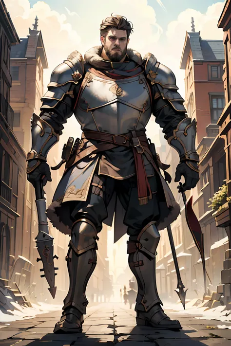 Game character standing drawing design，Disney animation，style of disney animation，an heavyknight，Quaint and heavy armor，Fur shoulders，Stout limbs，Muscle explosions，Equipped with huge riding guns，Different layers overlay，Different angles，（Left view full bod...