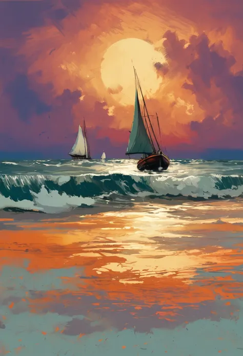 painting of two boats in the ocean at sunset with a golden sky, Spanish ships, big waves, in style of van gogh by Roman Bezpalkiv, painting in golden frame,