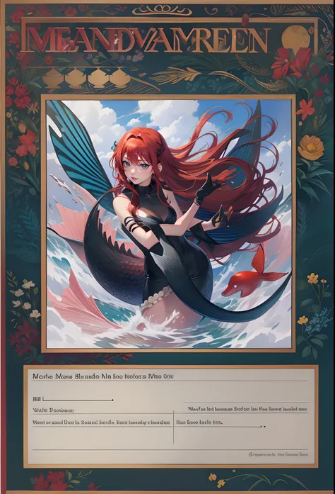 Drawn as a raw graphic，Red-haired mermaid，solo person，black border