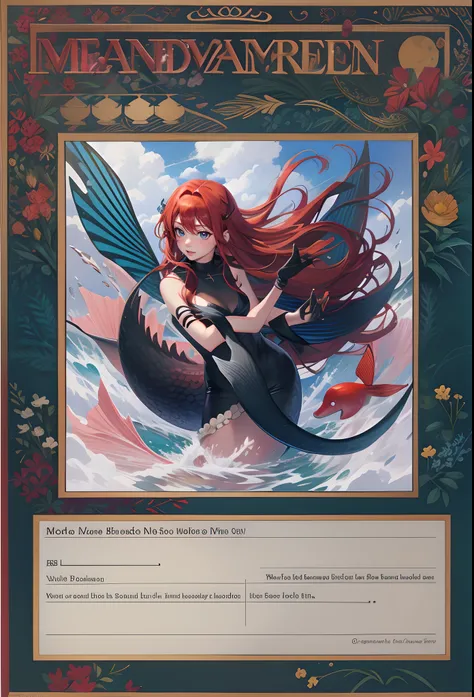 Drawn as a raw graphic，Red-haired mermaid，solo person，black border