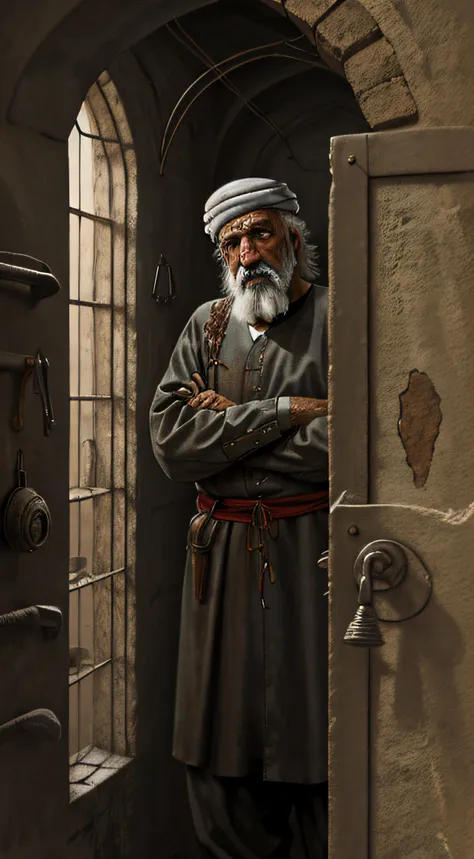 dirty old prison, old arab man inside a prison cell, medieval arab, rat, rusty prison window, dim light, spider nest, realistic,...