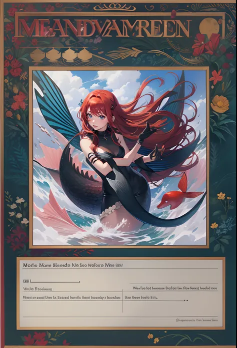 Drawn as a raw graphic，Red-haired mermaid，solo person，black border