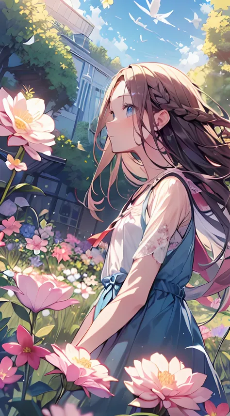 masutepiece, Best Quality,Illustration, Wallpaper, Ultra Detail, Absurd beauty、1 beautiful girl、 (Semi-long hair、short braided hair), Beautiful ultra-detailed eyes , Hair fluttering in the wind、Keep your head small、flower  field、great outdoors、Landscape of...