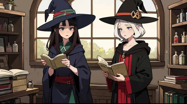 Anime girl standing in witch costume in a room with a window,Young adult females, Black robe. Witch hat. Dark blue hair, short length bangs,2D， black-haired mage, The Witch, flirty anime witch casting magic,(she is in the potions workshop:1.35),Secret doct...