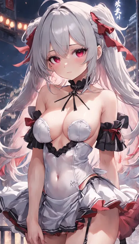 tmasterpiece, top-quality, 1girl in, 独奏, Kamimei、silber hair, Gothic Lolita, white  panties, Red blush, looking at viewert, is shy、Upper body naked、(Edgee 1.0), Perfect body, over exposure, Bare with thighs, Lots of ruffles、heartthrob、barechested、Photoreal...