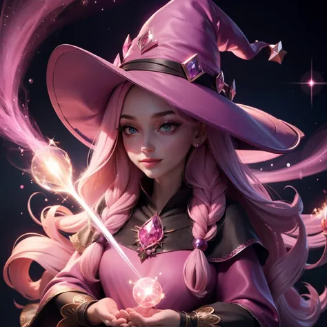 A beautiful witch 🧹 wearing a pink witch hat, making spells, sparkling pictures, sparkling simple make up, with long hair,