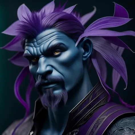 monster plant humanoid male , blue plant skin , hair orchid purple color , trace of rpg  fantasy