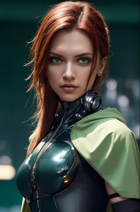 8K, Fuji Film, Photography, ((Green)) , Female redhead assassin and green background, Green eyes, American actress face, Science fiction, fatal, scybernetic, Cyberpunk, Future punk, technical suit, Dynamic pose, Fighting stance, Highly detailed, absurderes...