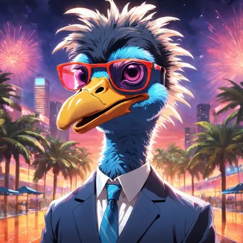 An artful rendering of an ostrich in a business suit and sunglasses, with a bright and colorful background, rendered in 8K hyper-realism.