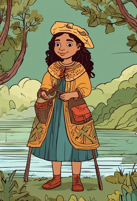 Azorean girl from the 16th century at the lake in the forest, childrens cartoon character, drawing with well saturated flat colors, 2D, many details of typical clothing