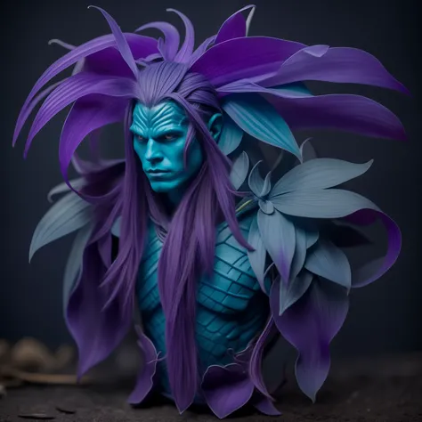 monster plant humanoid male , blue plant skin , hair orchid purple color , blue leaf ears , trace of rpg  fantasy